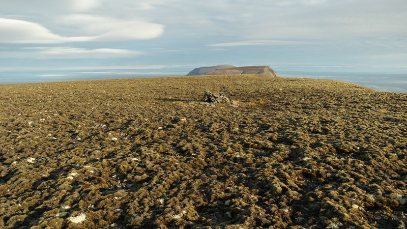 Utsikt fra toppen av Kollerfjellet. Toppen ligger på vestsiden av platået. På bildet sees en varde som ble satt opp, men som naturkreftene har klart å jevne ned ganske mye. I bakgrunnen sees Werenskioldfjellet i sør.